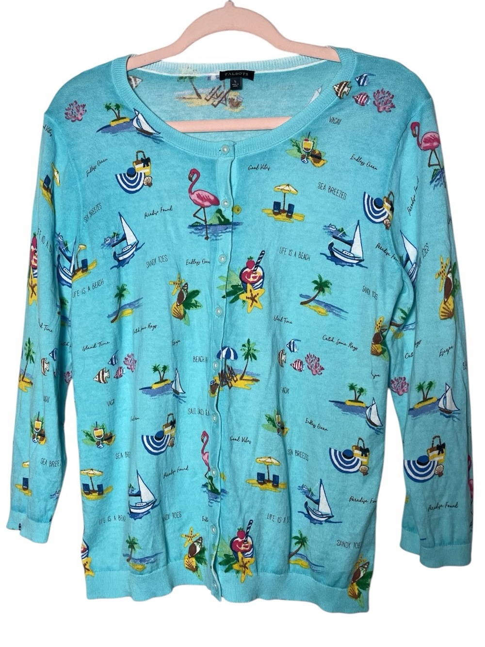Talbots Life Is A Beach Coastal Novelty Print Cardigan Sweater Blue Size L - Picture 2 of 5
